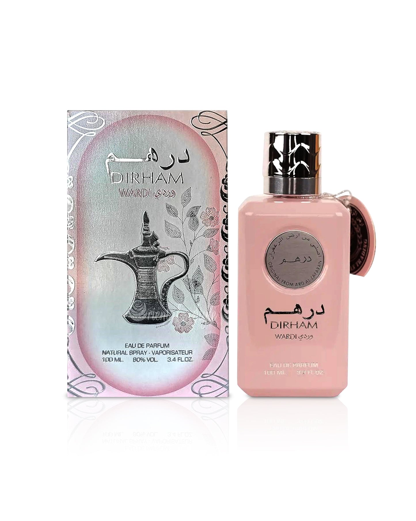 dirham wardi by ard al zaafaran perfume bottle shows beside its box against white background