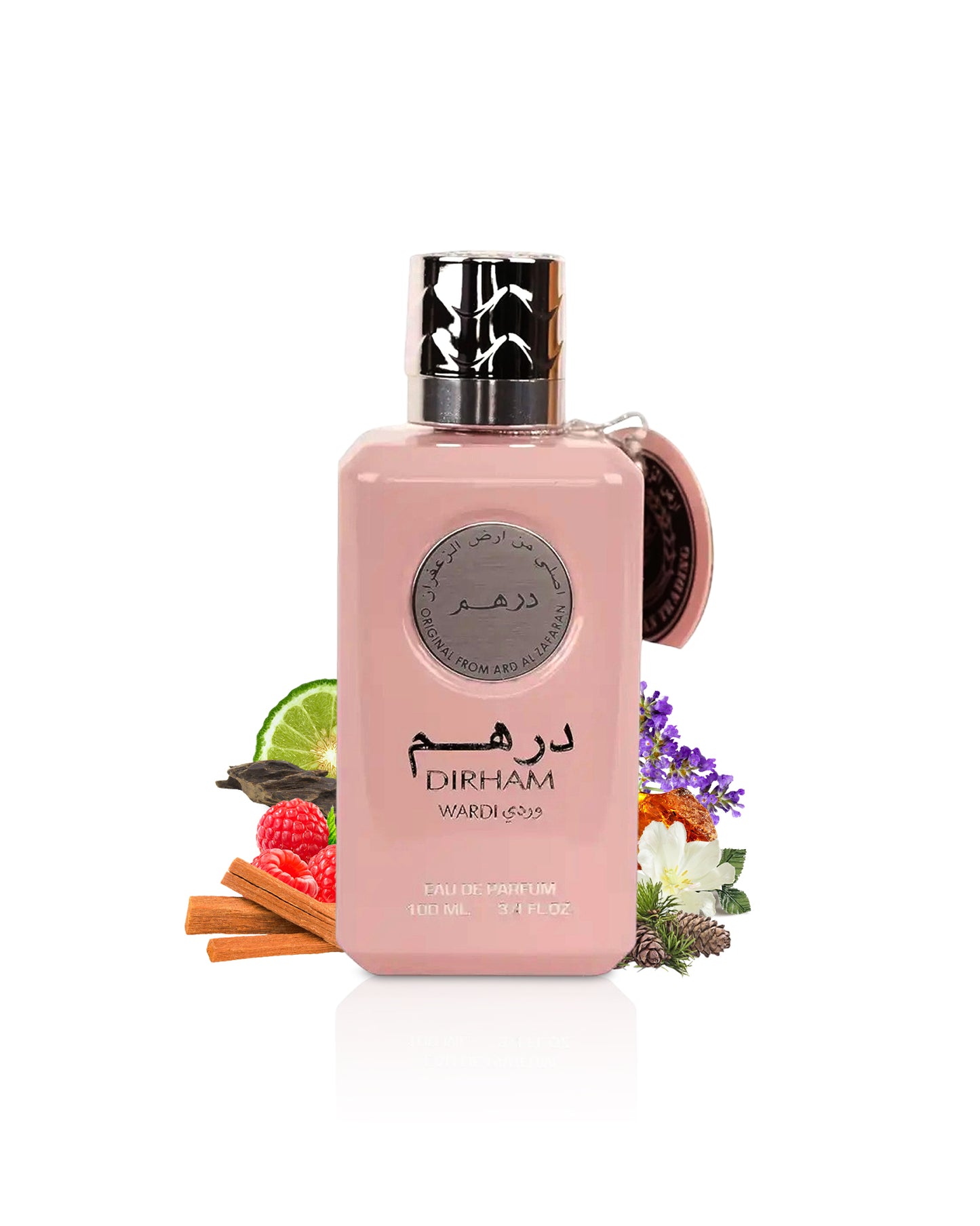 ard al zaafaran dirham wardi Pink perfume bottle with decorative elements like citrus and sandalwood on a white background