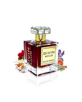 divin aoud perfume bottle surrounded with fragrance note like fruits and rose shows against white background