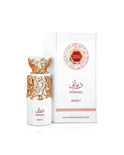 diwani beirut by fragrance world perfumes bottle shows besides its box  against white background