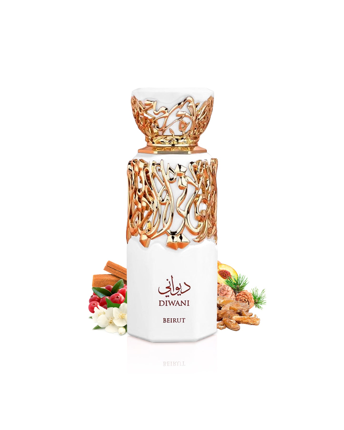 diwani beirut by fragrance world perfumes bottle surrounded with its ingredients like jasmine and peach with many others shows from behind the bottle against white background