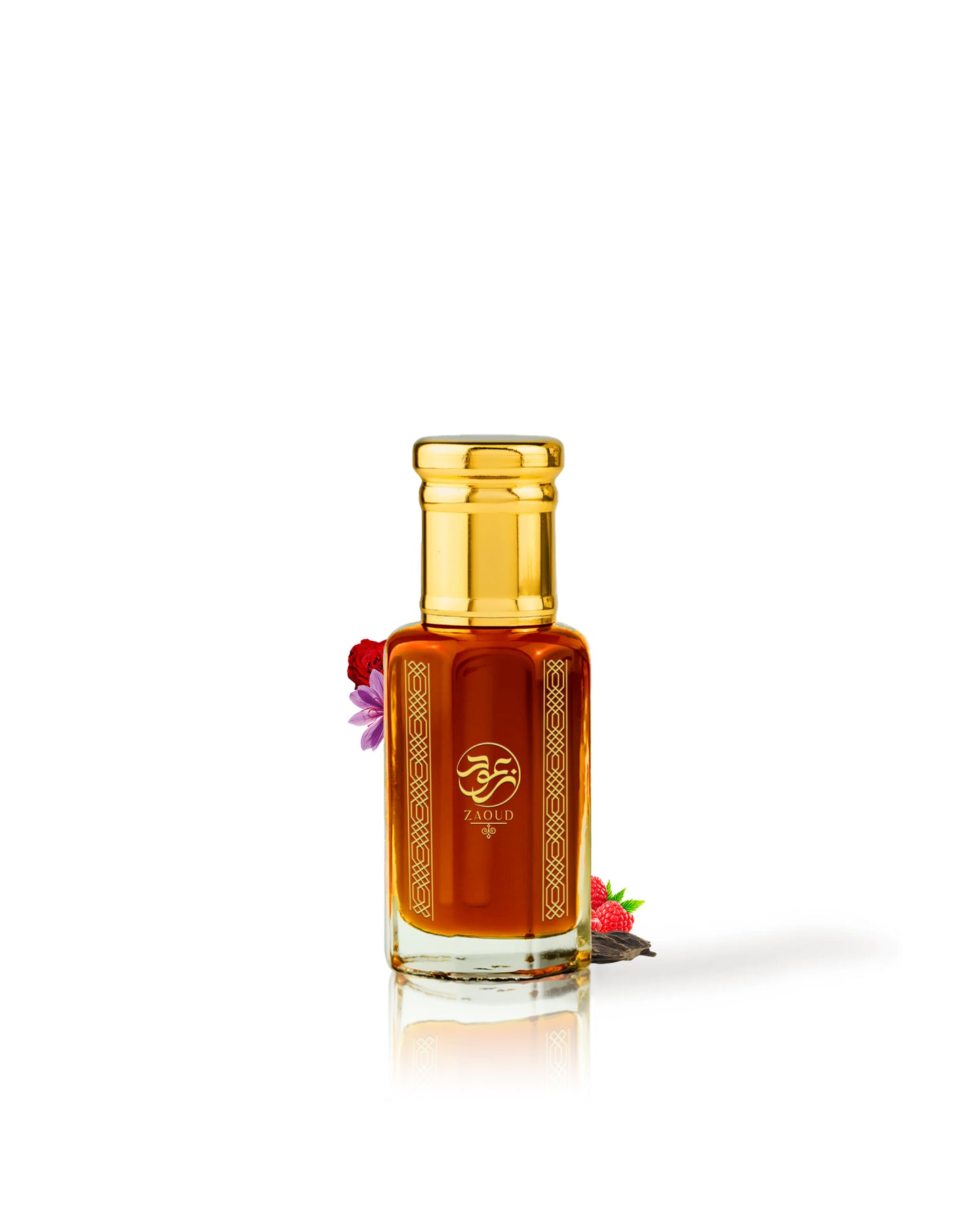 duskfall ombre nomade perfume oil bottle surrounded with fragrance notes like rose and oud shows from behind the bottle against white background