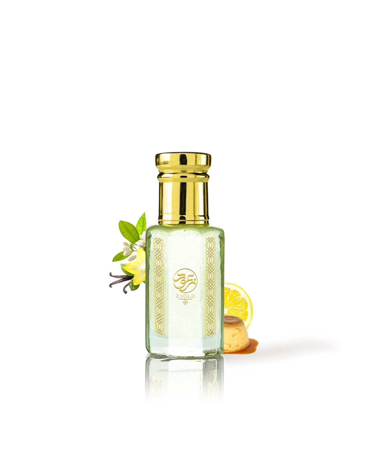 duvina perfume oil bottle surounded with fragrance notes like pannacotta and vanilla from behind the bottle against white background
