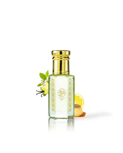 duvina perfume oil bottle surounded with fragrance notes like pannacotta and vanilla from behind the bottle against white background