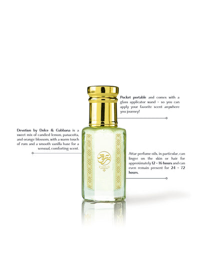 duvina perfume oil bottle beside written fragrance informations against white background