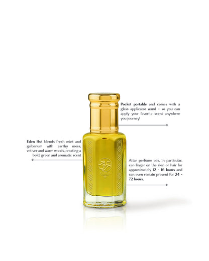 eden hut perfume oil bottle filled with yellow-amber oil, topped with a shiny gold cap, shown on a white background with descriptive text callouts.