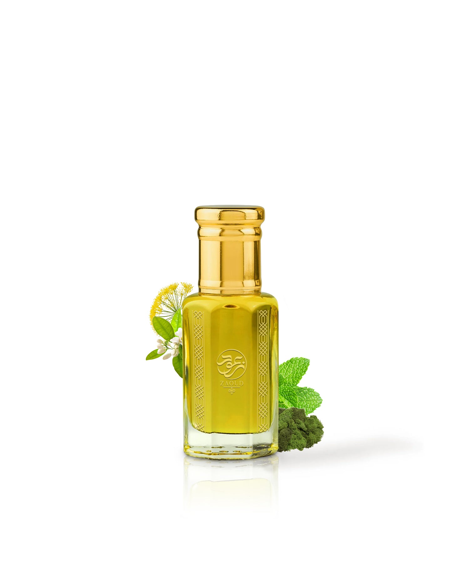 eden hut perfume oil bottle filled with golden yellow liquid, topped with a shiny gold cap, styled with mint leaves and a small white flower on a clean white background.