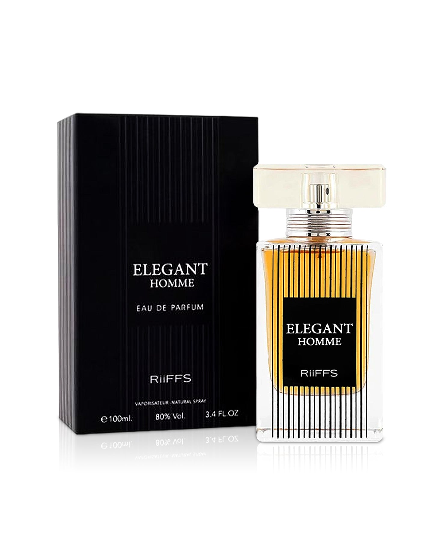 elegant homme by riiffs perfume bottle shows beside its box against white background