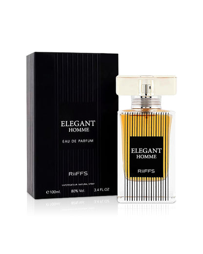 elegant homme by riiffs perfume bottle shows beside its box against white background