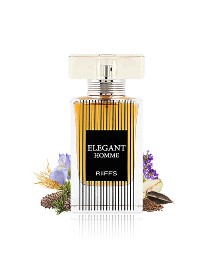 elegant homme by riiffs perfume bottle surrounded with its ingredients like iris and lavender with many others shows from behind the bottle  against white background