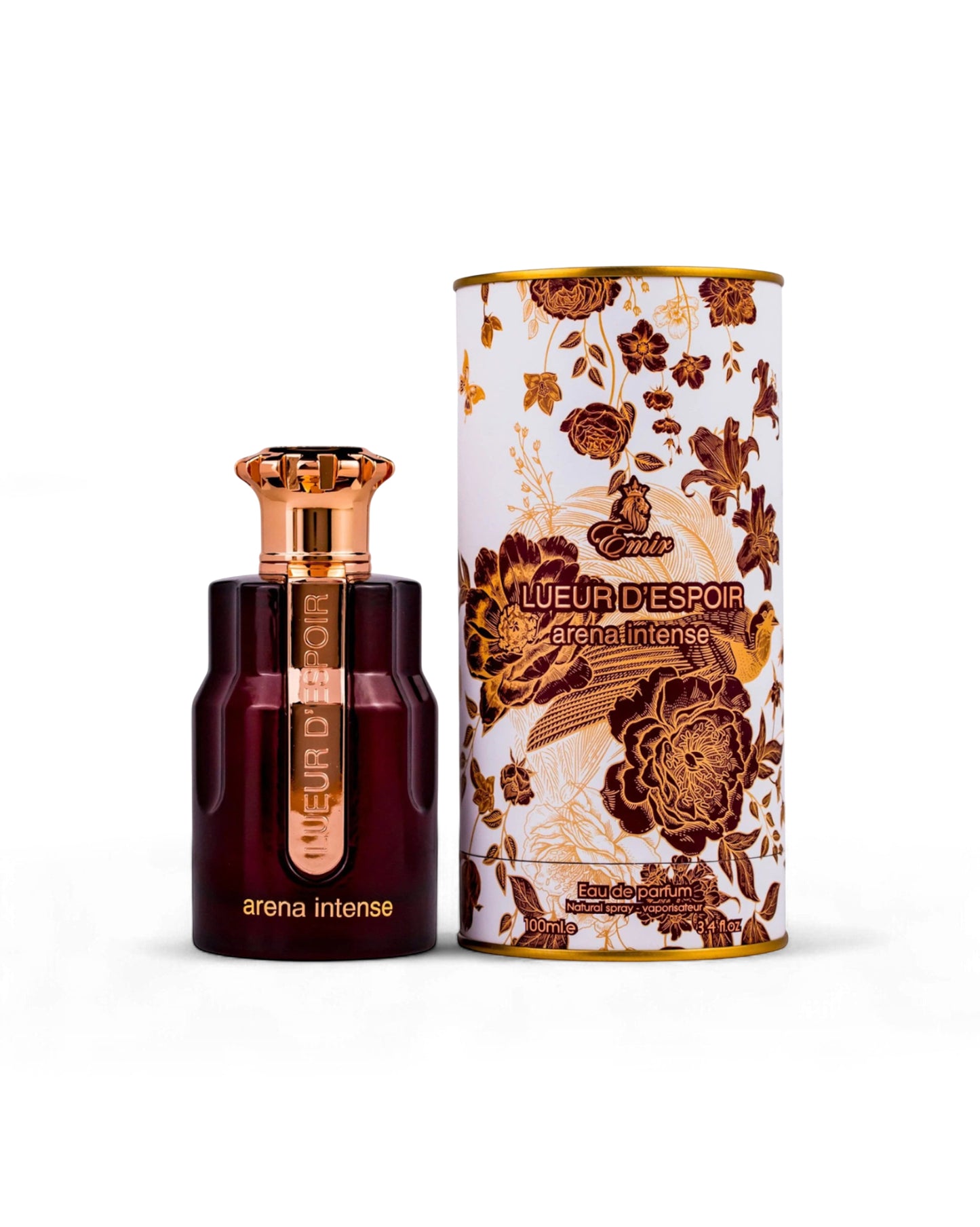 emir Lueur D_Espoir Arena Intense perfume bottle beside box shows against white background