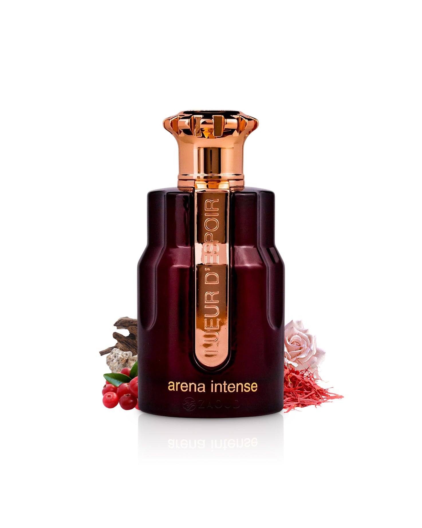 emir Lueur D_Espoir Arena Intense perfume bottle surrounded by fragrance notes like saffron and oud shows against white background