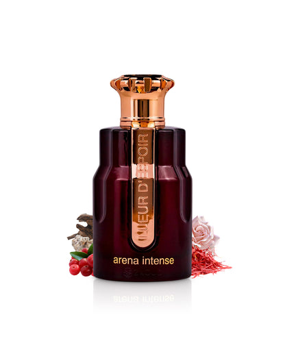 emir Lueur D_Espoir Arena Intense perfume bottle surrounded by fragrance notes like saffron and oud shows against white background