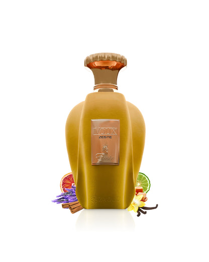 emir voux zeste perfume bottle surrounded with fragrance notes like orange and cinnamon shows against white background