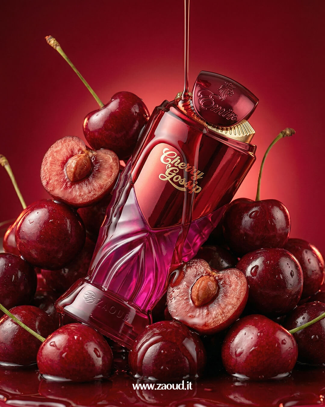 Emir Cherry Gossip Eau de Parfum bottle surrounded by fresh red cherries with liquid drizzle on red background