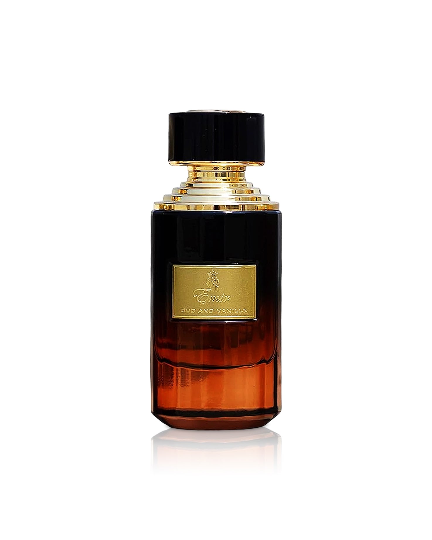emir oud and vanille Perfume bottle with black cap and gold accents on a white background