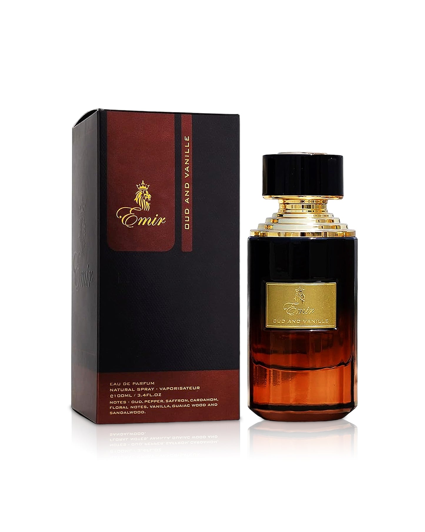 emir oud and vanille Perfume bottle and packaging with 'Emir' branding on a white background