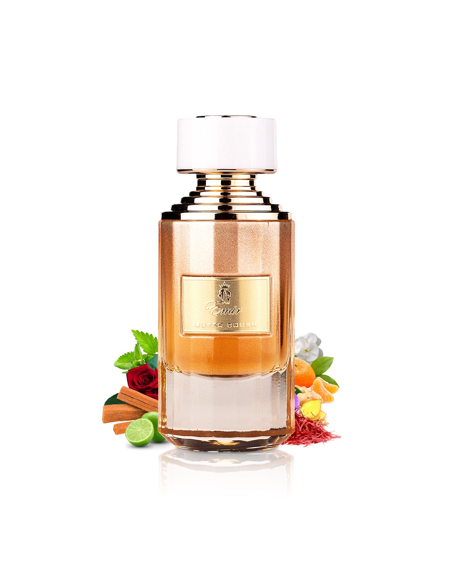 emir super crush by paris corner perfume bottle surrounded with fragrance notes like rose and saffron shows from behind the bottle against white background