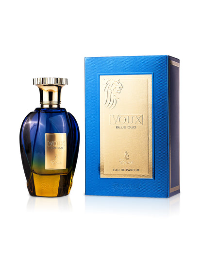 emir voux blue oud perfume bottle shows beside its box against white background