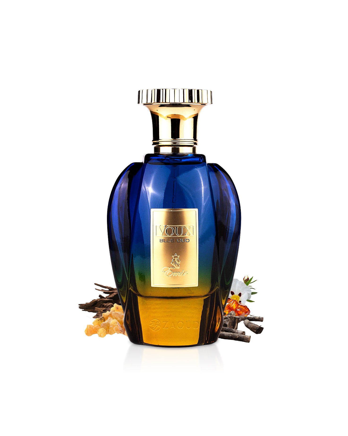 emir voux blue oud perfume bottle surrounded with fragrance notes like oud and amber shows against white background