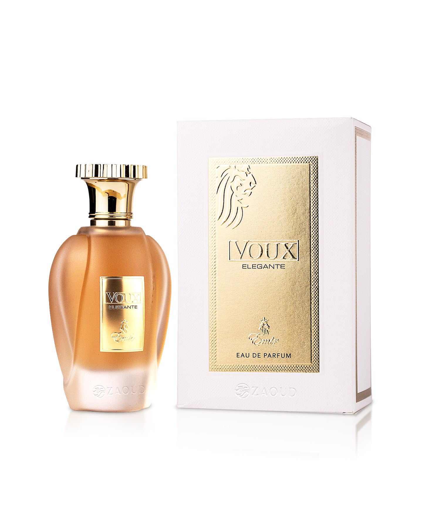 emir voux elegante perfume bottle shows beside its box against white background