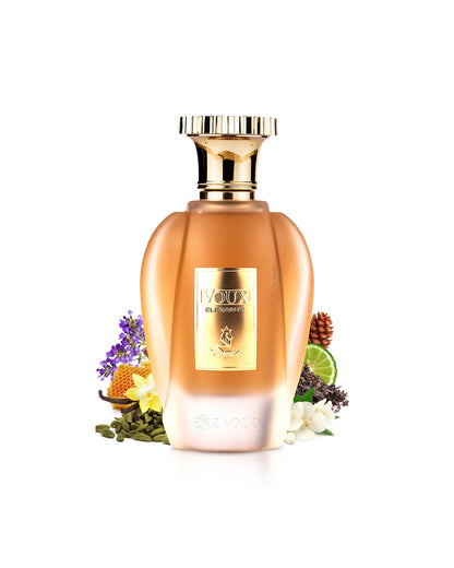 emir voux elegante perfume bottle surrounded with fragrance notes like cardamom and jasmine shows against white background