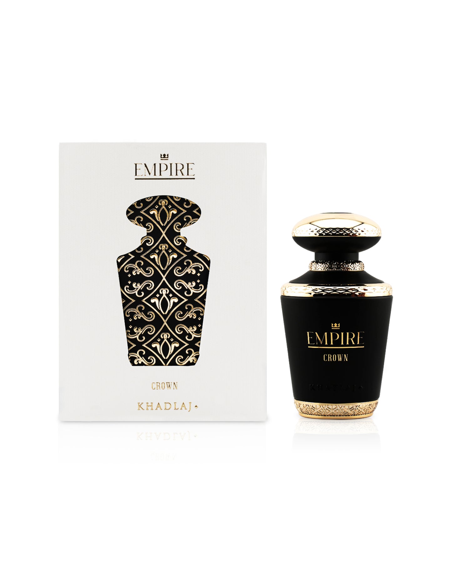 khadlaj empire crown perfume bottle shows beside its box against white background