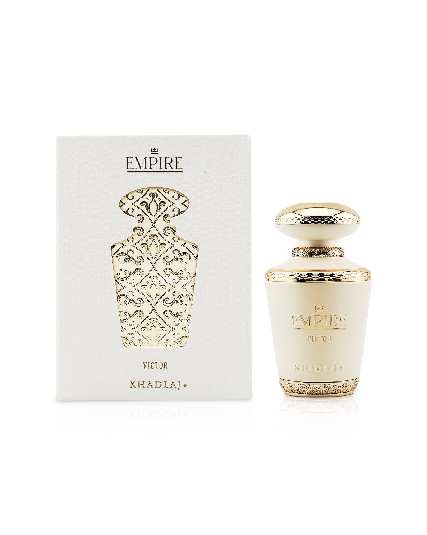 Khadlaj empire Victor perfume bottle shows beside it's box against white background