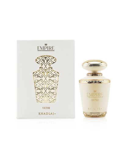 Khadlaj empire Victor perfume bottle shows beside it's box against white background