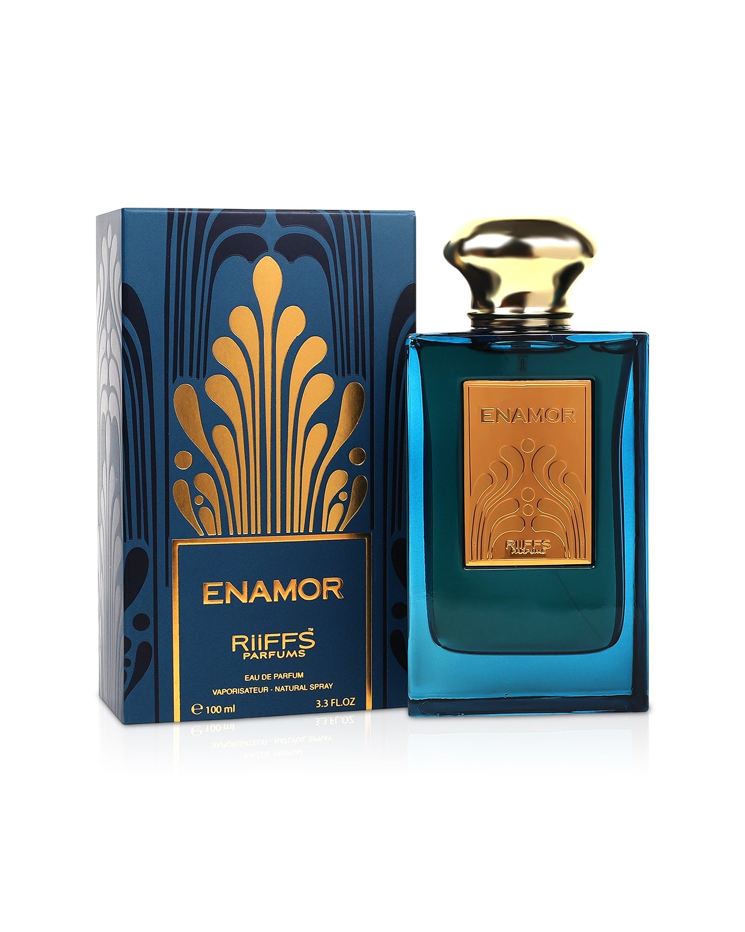 enamor by riiffs perfume bottle shows beside its box against white background