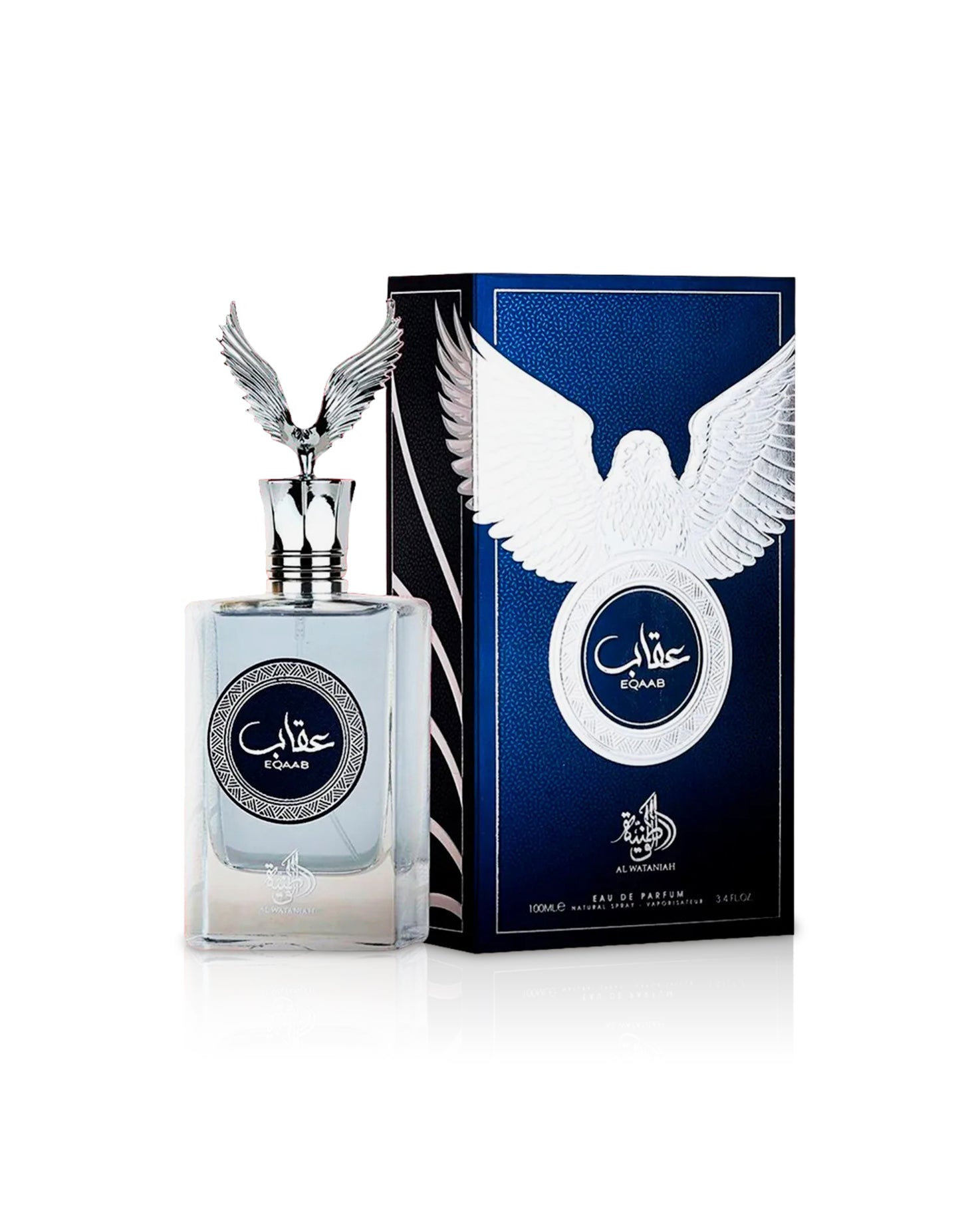 eqaab by al wataniah perfume bottle shows beside its box against white background