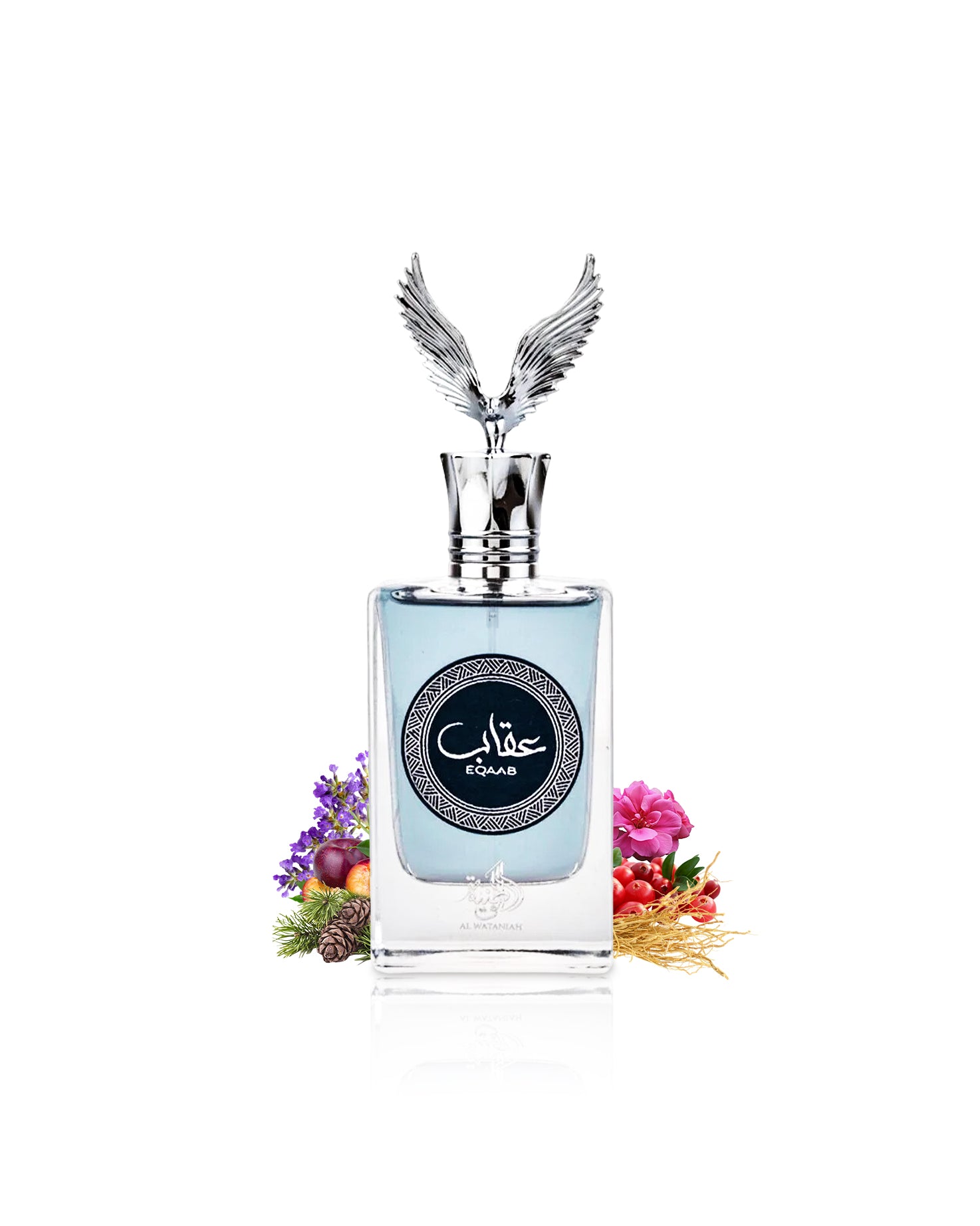 eqaab by al wataniah perfume bottle surrounded with its ingredients like mango and peach shows from behind the bottle against white background