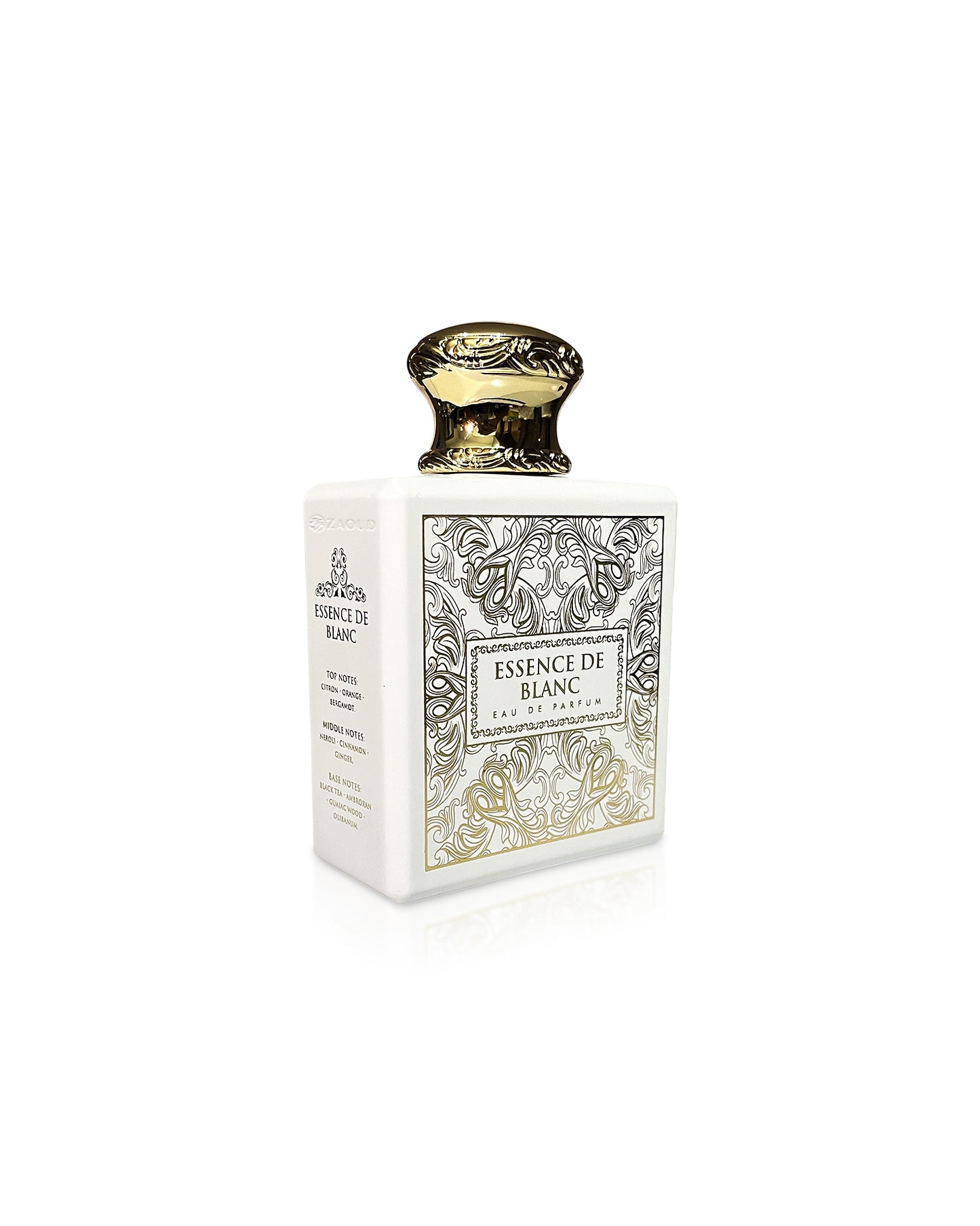 essence de blanc perfume bottle shows against white background