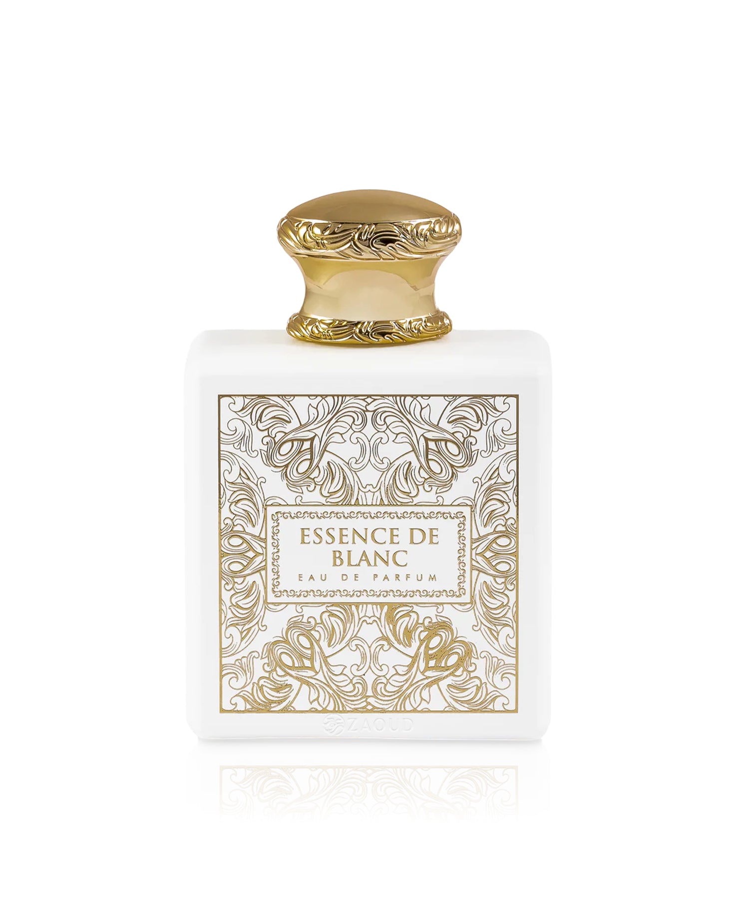 essence de blanc perfume bottle shows against white background