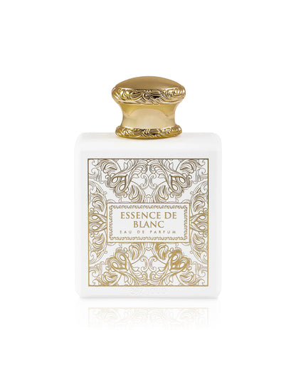 essence de blanc perfume bottle shows against white background