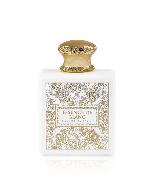 essence de blanc perfume bottle shows against white background