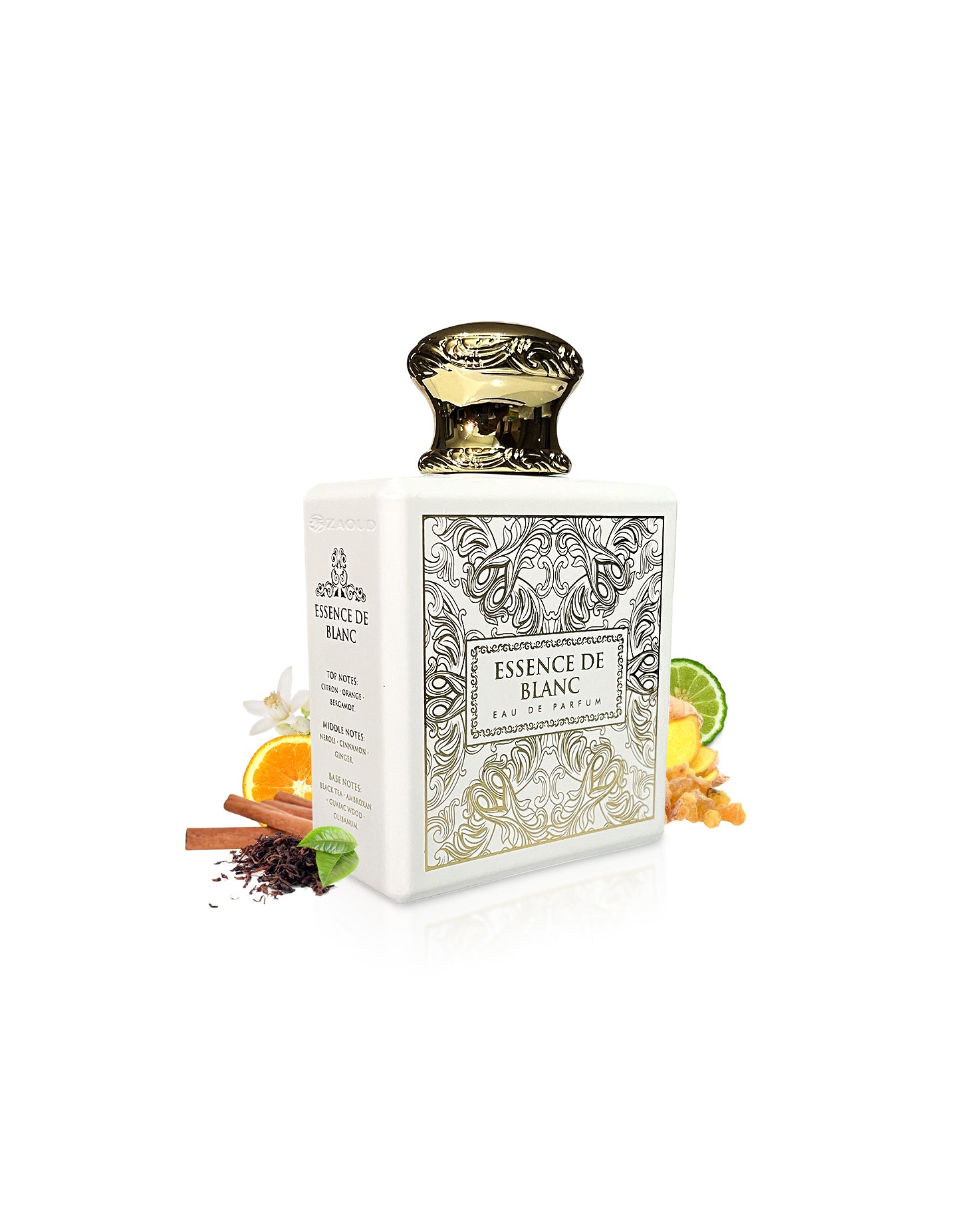 essence de blanc perfume bottle surrounded with fragrance notes like ginger and orange shows against white background