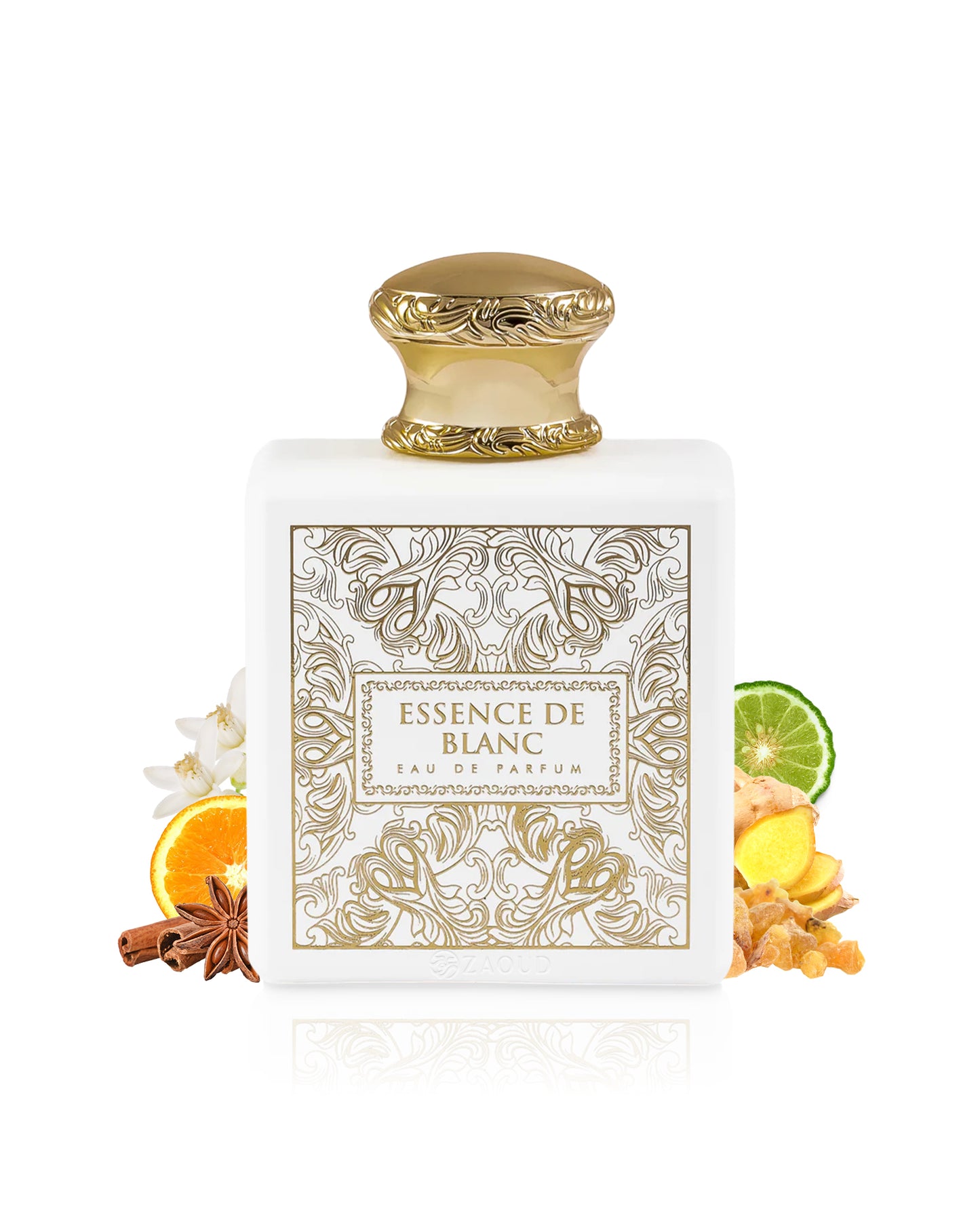 essence de blanc perfume bottle surrounded with fragrance notes like ginger and orange shows against white background
