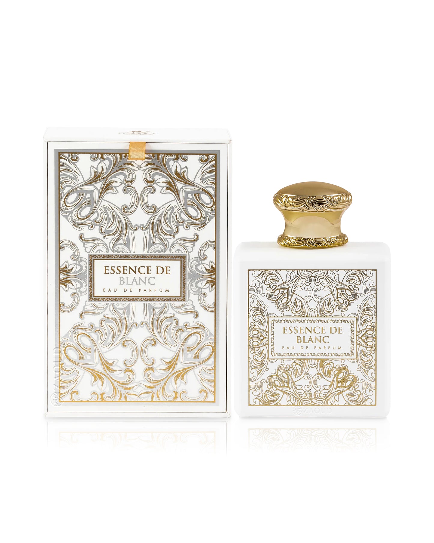 essence de blanc perfume bottle shows beside its box against white background