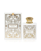essence de blanc perfume bottle shows beside its box against white background