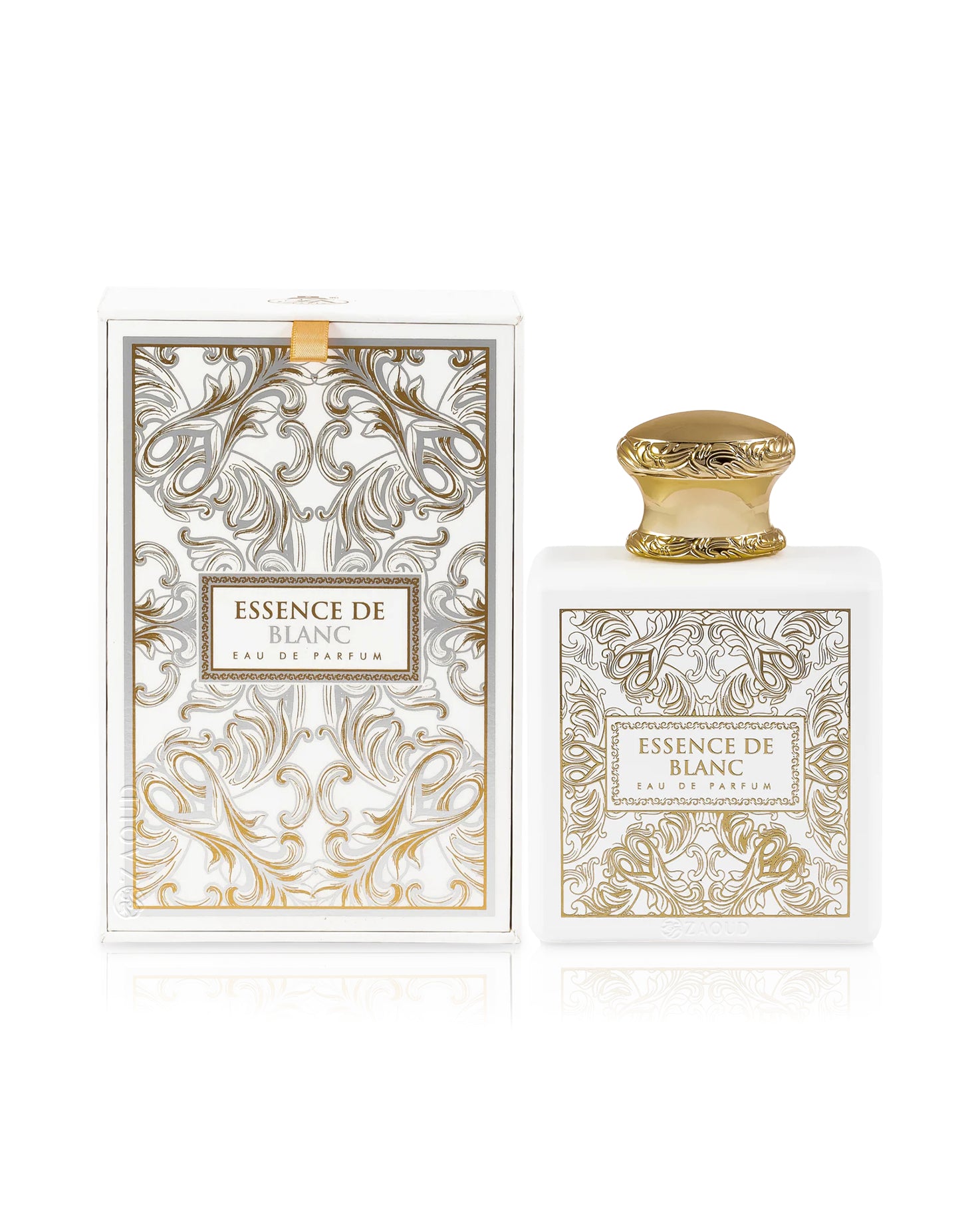 essence de blanc perfume bottle shows beside its box against white background