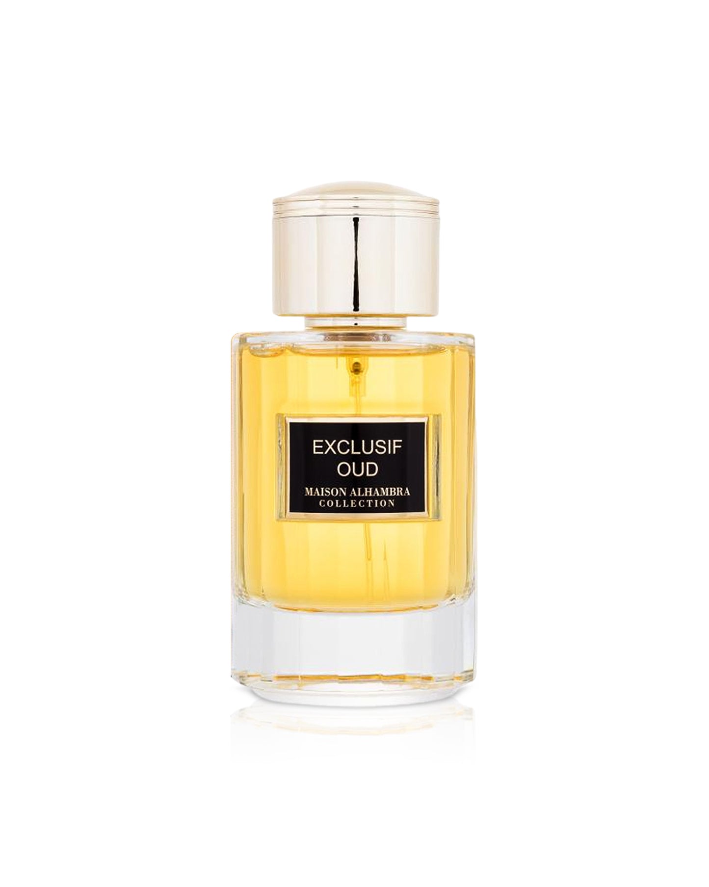 exclusif oud by maison alhambra perfume bottle shows against white background