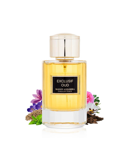 exclusif oud by maison alhambra perfume bottle surrounded with its ingredients like sandalwood and rose with many others shows from behind the bottle against white background