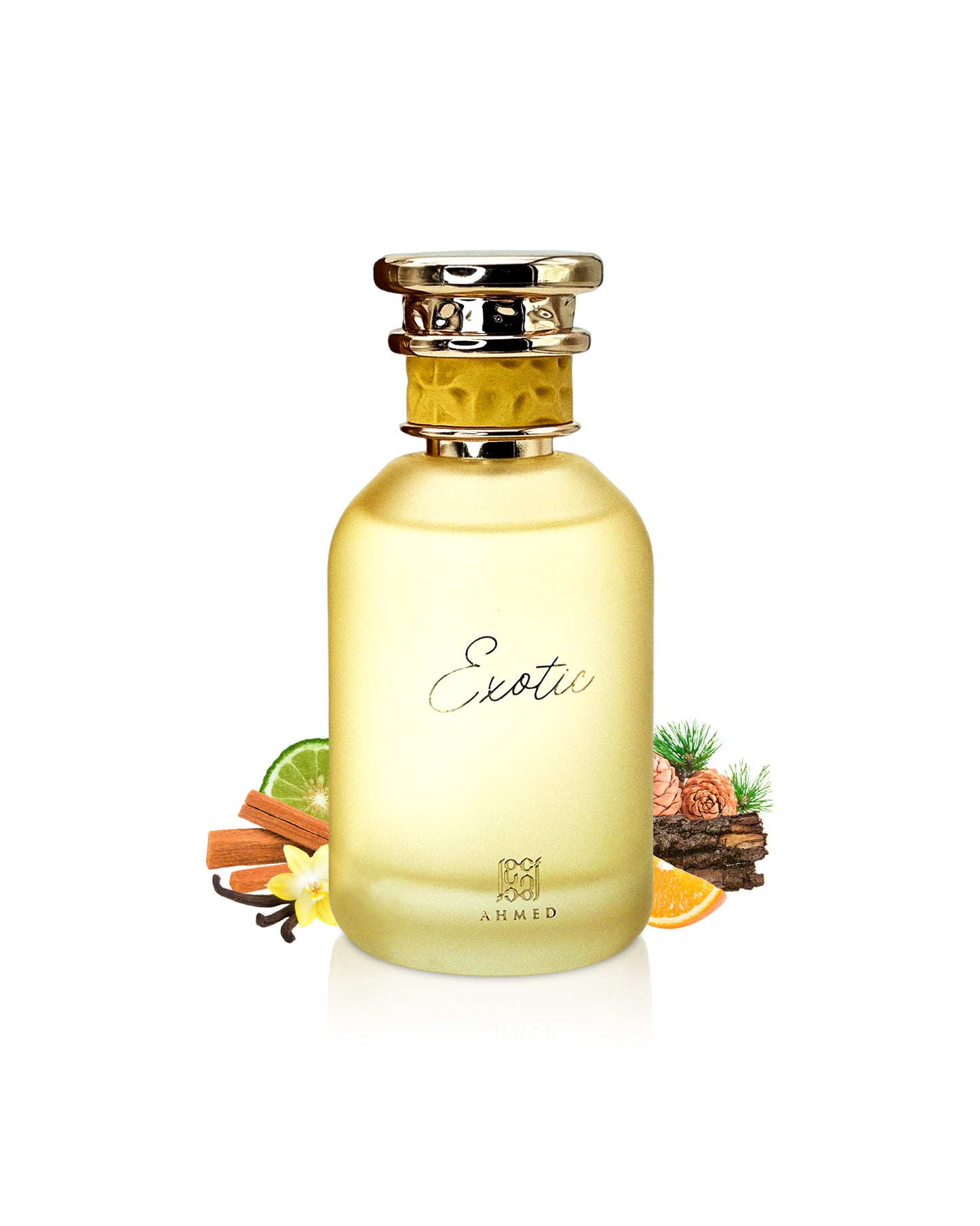 ahmed al maghribi exotic perfume bottle surrounded with fragrance notes like vanilla and orange shows from behind the bottle against white background