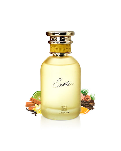 ahmed al maghribi exotic perfume bottle surrounded with fragrance notes like vanilla and orange shows from behind the bottle against white background