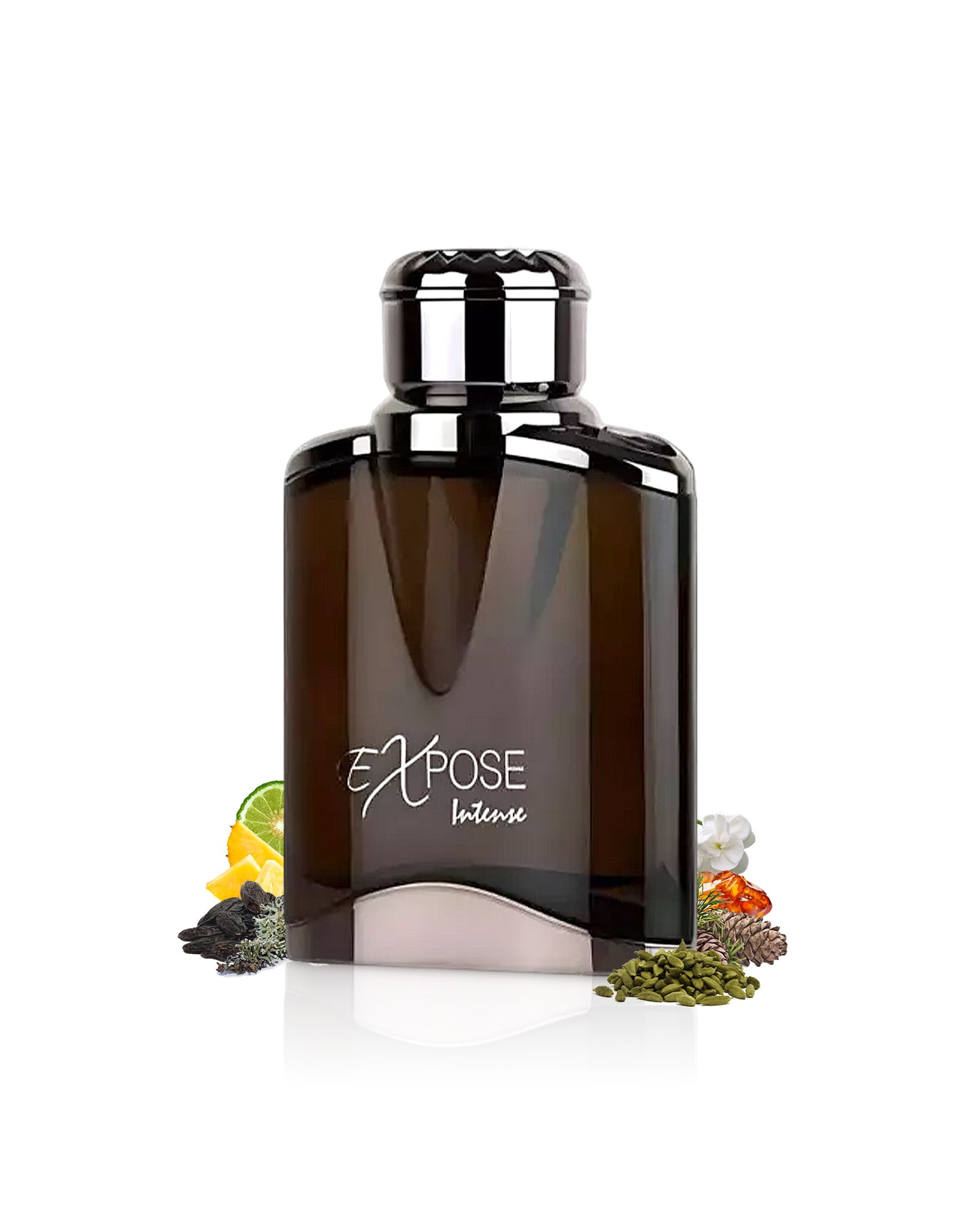 expose intense by maison alhambra perfume bottle surrounded with its ingredients like tonka beand and amber with many others shows from behind the bottle against white background