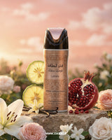 fakhar-deodorant-bodyspray bottle with flowers and fruits on a stone surface