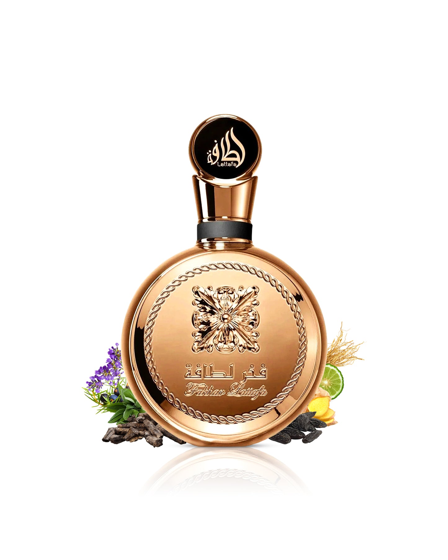 lattafa fakhar gold extrair perfume bottle surrounded with its ingredients like woody notes and tonka beans beside ginger shows from behind the bottle against white background