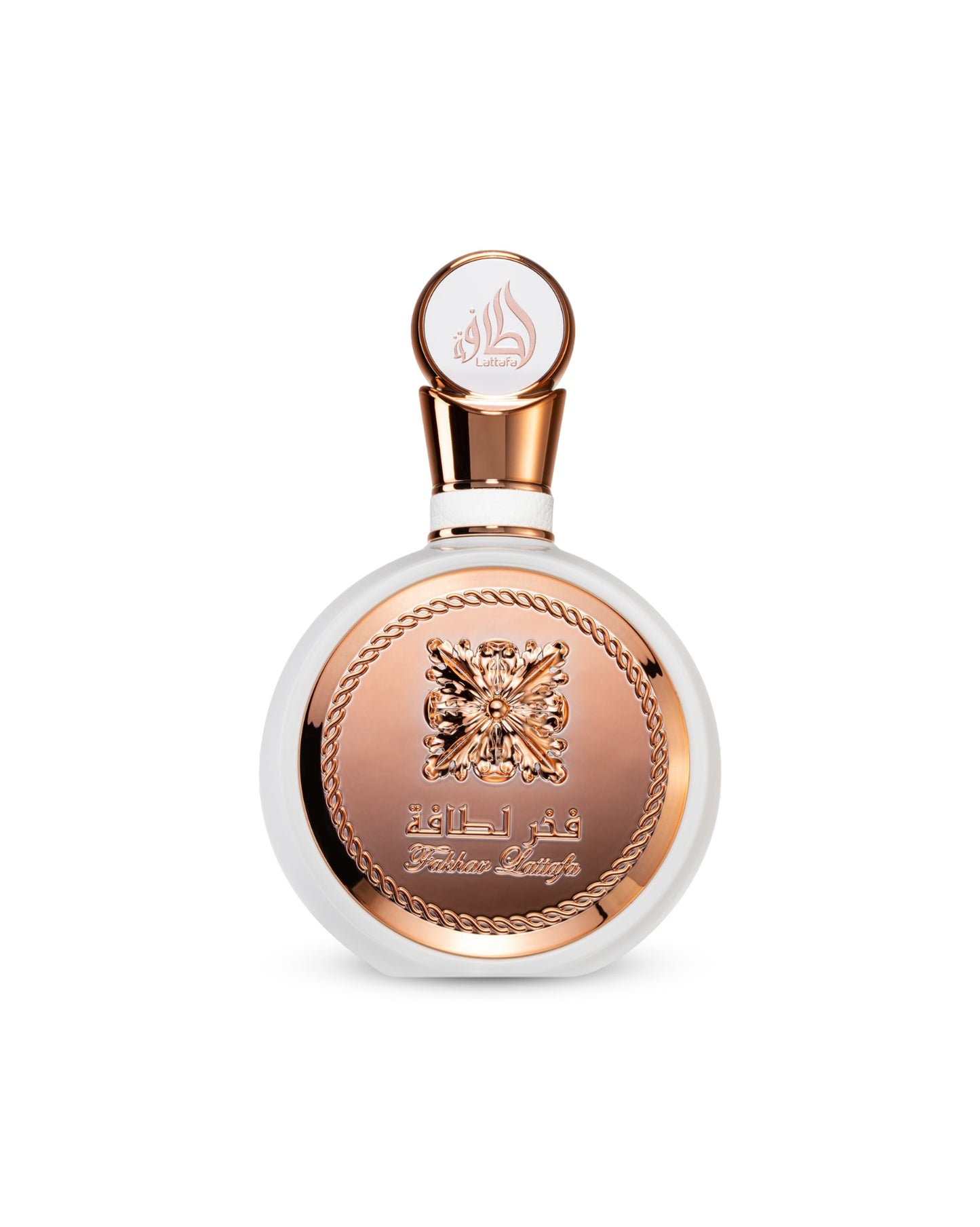 Lattafa fakhar rose Perfume bottle with rose gold and white design on a white background