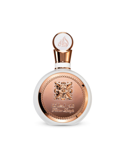 Lattafa fakhar rose Perfume bottle with rose gold and white design on a white background